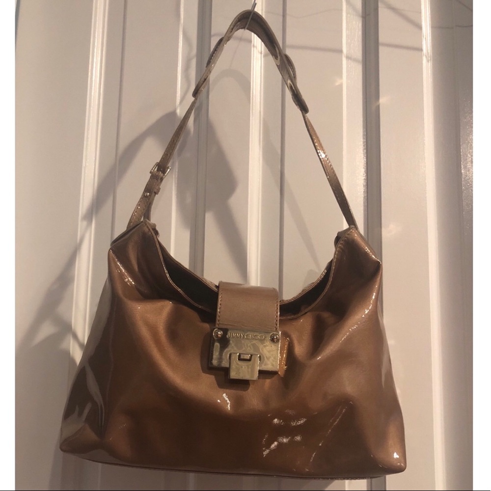 Jimmy Choo beige patent leather shoulder bag